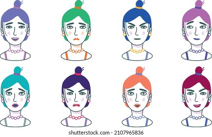 Illustration Of The Woman's Face With Different Emotions: Angry, Sad, Happy, Scared, Furious, Thoughtful, Surprise, Crafty Girl With Colorful Hair