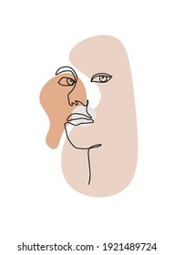 Illustration of a woman's face drawn in one line technique and decorated with abstract shapes for female posters, prints, cards, social media templates and backgrounds, wall art, clothes design. 