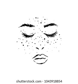 Illustration of a woman's face with freckles and long eyelashes.