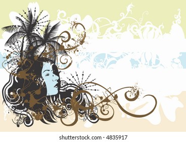 Illustration of a woman's face and palm trees
