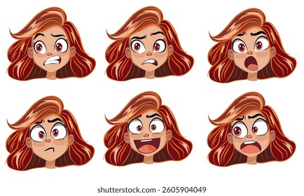 Illustration of a woman's face with various emotions. vector.