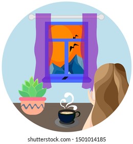 Illustration of a woman's flat, hot coffee, cactus pots, and window icons - vector. 