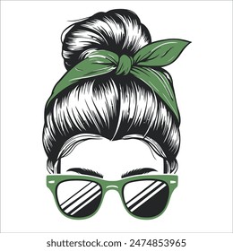 illustration of a woman's hair in a neat bun with a green bandana tied	