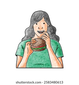 illustration of a woman's hand eating a hamburger