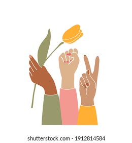 Illustration Woman's Hand Holds A Flower,fist And V-sign In The Air. Feminist Vector Flat Artwork. Protests Art.