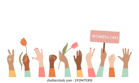 Illustration Woman's Hand Holds A Flower,fist And V-sign In The Air.Women Protesting About Something, With The Blank Protest Board.The Concept Of Feminism, Equality, Freedom And Women's Rights.