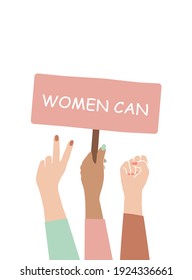 Illustration woman's hand holds a flower,fist and V-sign in the air.Women protesting about something, with the blank protest board.