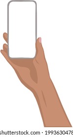 Illustration of a woman's hand with a smartphone. Vector drawing of the phone in your hand. Beige color