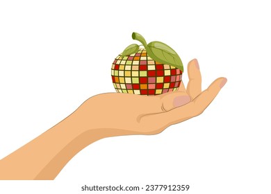 Illustration of a woman's hand tenderly holding an apple. Flat style design. Y2K