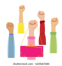 Illustration - A womans hands raised up in the form of a clenched fist, in a shirt, holding a chain of a womans bag in black with gold decorative elements by the handle. For blogs, magazines, fashion