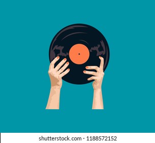 Illustration of woman's hands with vinyl record on blue background. EPS 10. Print for tee, t-shirt.