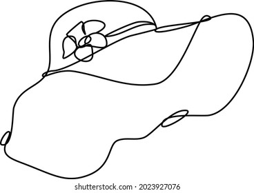 Illustration of a woman's hat with a large brim in the technique of one line with a copy of the space. Close-up. Vector eps10