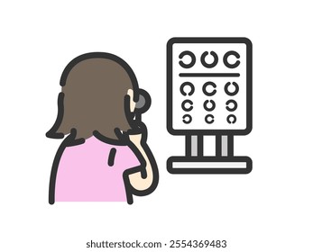 Illustration of a woman's icon (color line drawing) taking a vision test.