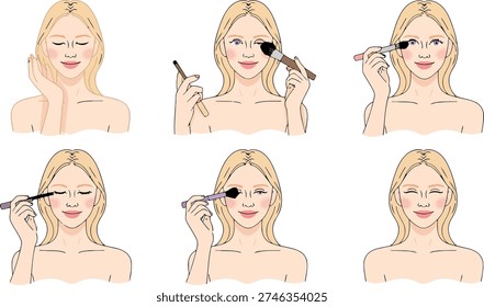 Illustration of a woman's makeup routine in six steps, showcasing various beauty products and techniques for a flawless look