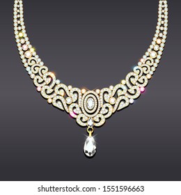 illustration of a woman's necklace with precious stones