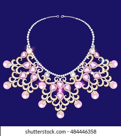 illustration of a woman's necklace with precious stones