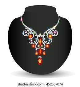 Illustration of a woman's necklace sparkling shiny beautiful wedding with red rubies and precious stones vector. Vintage necklace as a design element.