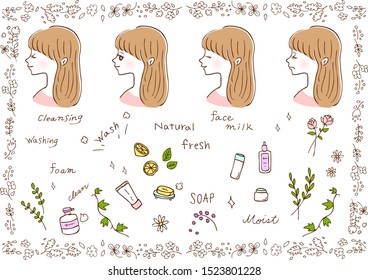 illustration of woman's profile and skin care items