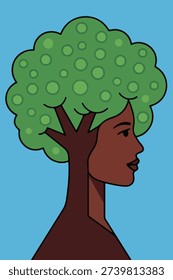 Illustration of a woman's profile with a tree trunk as her neck and a leafy treetop as her hair, set against a blue background.

