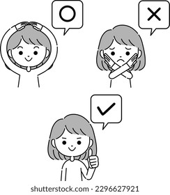 Illustration des Rundschau-Ausdrucks einer Frau mit einer Sprachblase, einfarbig