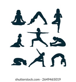 Illustration of a woman's silhouette in various classic yoga poses, Suitable for health content, fitness apps, yoga class posters, and healthy lifestyle themed social media. 