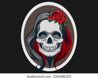 Illustration Woman's Skull With Rose Flowers For T-Shirt Logo Design Isolated Vector Illustration