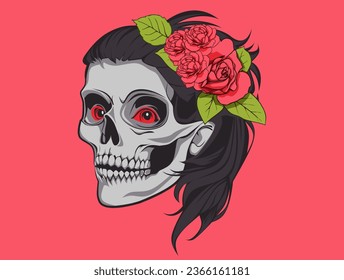 Illustration Woman's Skull With Rose Flowers T-Shirt Logo Design Isolated Vector Illustration