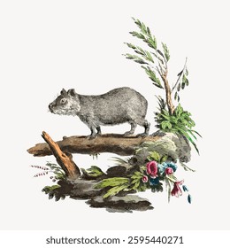 Illustration of a wombat on a log with foliage. The wombat, a small marsupial, is surrounded by plants and flowers, showcasing nature and wildlife. Vintage vector illustration.