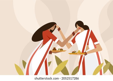 Illustration of women applying vermilion on each others face as part of the Vijayadashami festival
