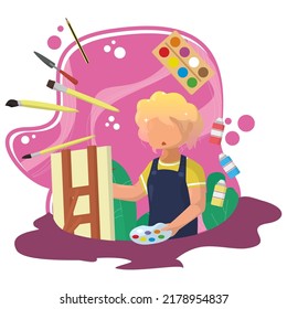illustration women artist. women painting. vector illustration painting. with brush, color paint, painting palette 