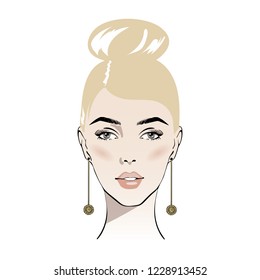 illustration of women bun hair style icon with earrings, logo women face on white background, vector. icon beauty woman with luxurious cute bun hairstyle. Idea for card typography vector.