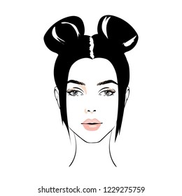 illustration of women bun hair style icon, logo women face on white background, vector. icon beauty woman with luxurious cute bun hairstyle. Idea for card typography vector.