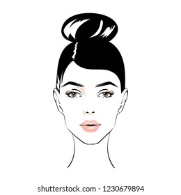 ilustración de mujeres con estilo de pelo de bollo icono, logotipo de mujeres en fondo blanco, vector. Icono mujer de belleza con lujoso peinado lindo. Idea para vectores de tipografía de tarjeta.