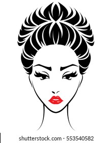 illustration of women bun hair style icon, logo women face on white background, vector