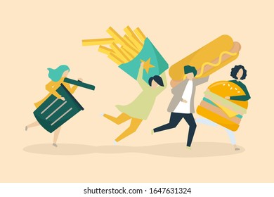 Illustration of women carrying bins chasing fast food