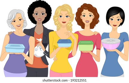 Illustration of Women Carrying Different Food Containers to a Party