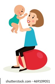 illustration women and children in various poses, with a stroller, sling, crib, on the ball aerobics, chair nursing