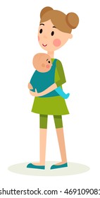 illustration women and children in various poses, with a stroller, sling, crib, on the ball aerobics, chair nursing