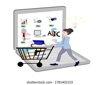 Ilustración: las mujeres están eligiendo programas de aprendizaje usando laptops. Caricaturista linda chica está empujando el carro hacia el libro.