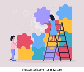 Illustration of women connecting missing element of puzzle. Problem solving concept. Puzzle solution. Right choice. Vector illustration in a flat style