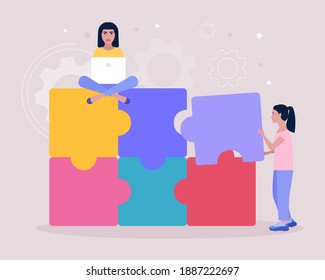 Illustration of women connecting missing element of puzzle. Problem solving concept. Puzzle solution. Right choice. Vector illustration in a flat style