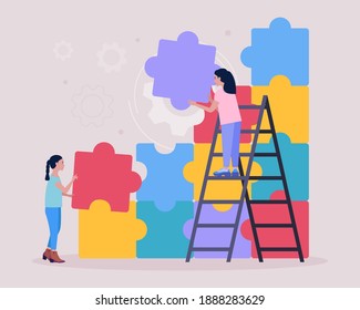 Illustration of women connecting missing element of puzzle. Problem solving concept. Puzzle solution. Right choice. Vector illustration in a flat style