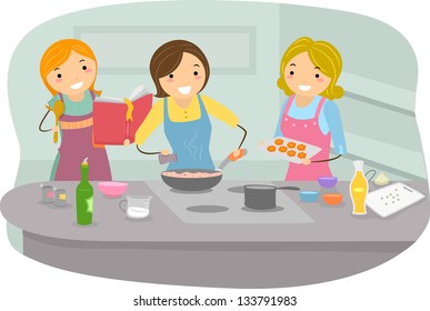 Illustration of Women Cooking in the Kitchen