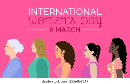 Illustration of women of different ages and ethnicities in profile on a pink background, symbolizing unity, empowerment, and diversity for International Women’s Day.