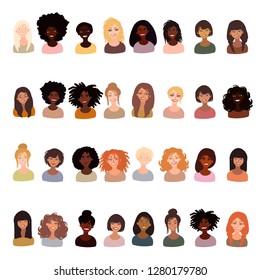 Illustration of women of different race character portraits. Hand drawn set isolated hand drawn in mimimal style.