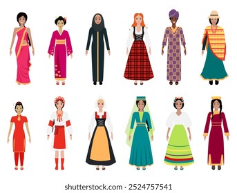 Ilustración de mujeres de diversas culturas, cada una con atuendo tradicional. Por la diversidad cultural, la unidad global, la tradición, el multiculturalismo, el patrimonio mundial, la inclusión, la representación cultural.