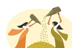 Illustration Of Women Do Winnowing Rice Grains After Harvest