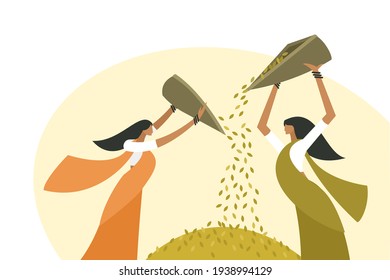 Illustration of women do winnowing rice grains after harvest