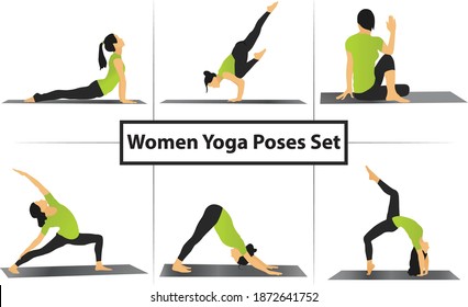 illustration of women doing yoga - yoga women poses- Woman doing different exercise for fit body and butt