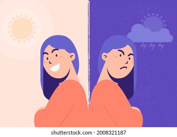 Illustration of women have bipolar disorder concept vector. Mental health illustration concept. show twin women side by side have different mood happy and angry. Depressive state illustration